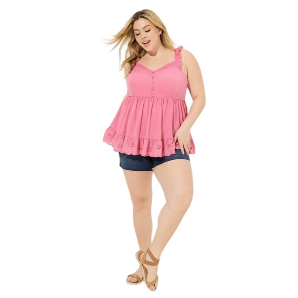 Torrid Tank Top Womens 3XL Pink Gauze Babydoll Eyelet Lace Ruffle Hem